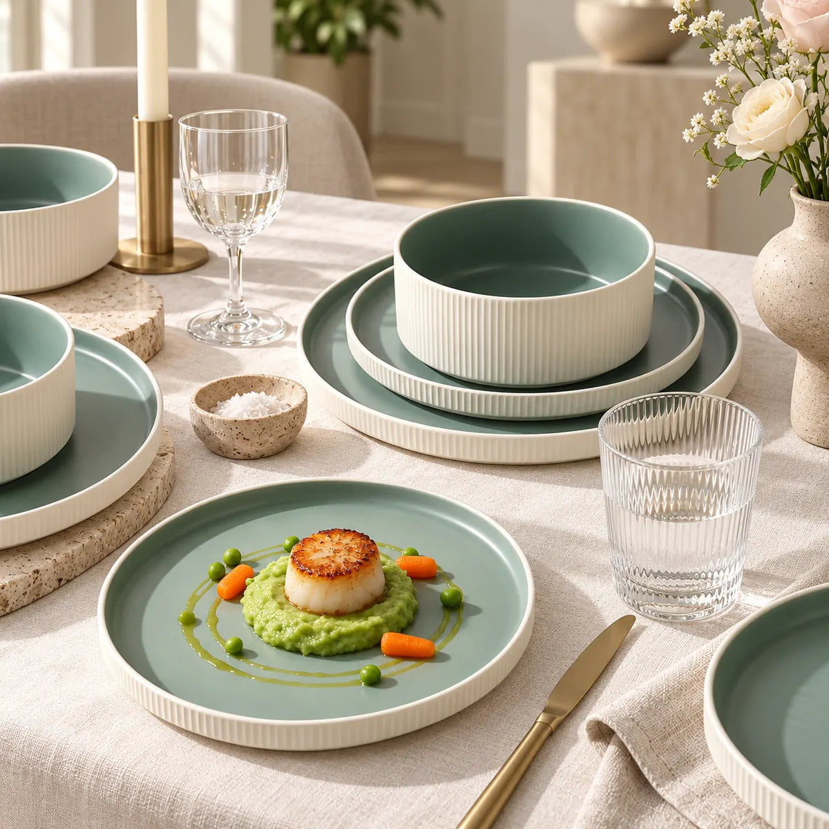 Dishwaft Ribbed Ceramic Plates Bowls Set