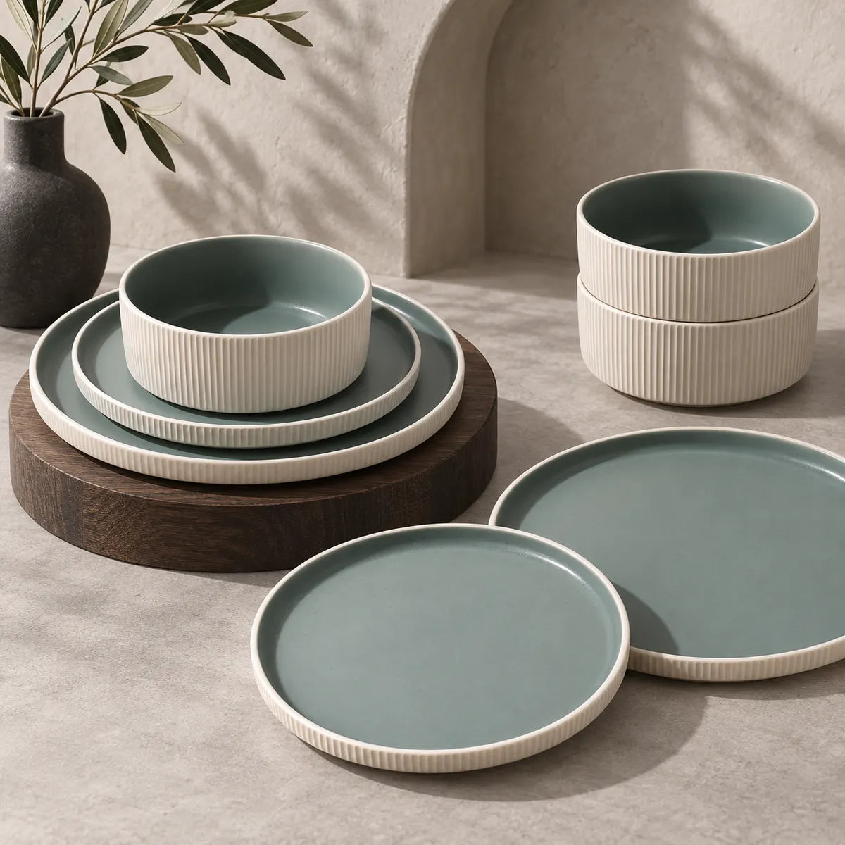 Dishwaft Ribbed Ceramic Plates Bowls Set